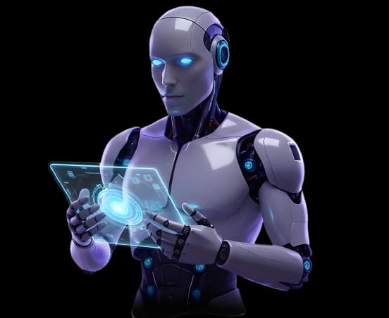 Robot lisant une tablette holographique - Intelligence Artificielle C-DATA 360